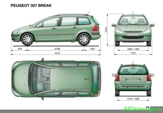 Peugeot 307 CC (Пежо 307 CC) - чертежи (рисунки) автомобиля